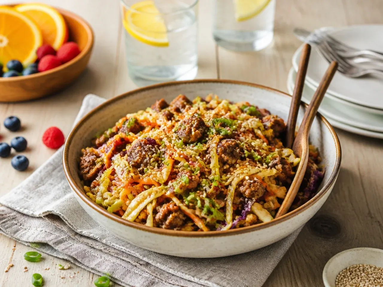 Simple five-ingredient egg roll in a bowl with bagged coleslaw mix