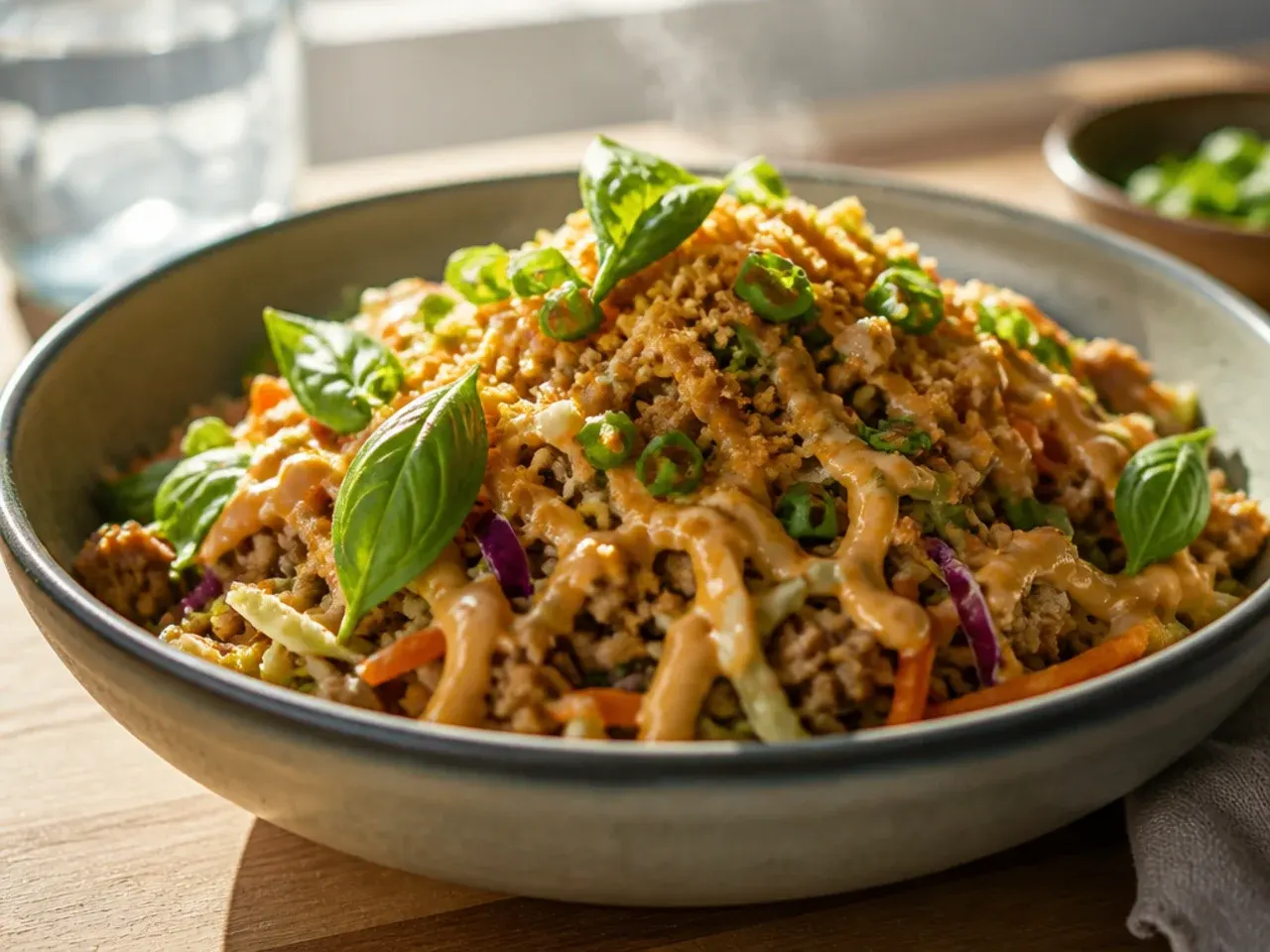 Egg roll in a bowl drizzled with creamy sriracha mayo sauce