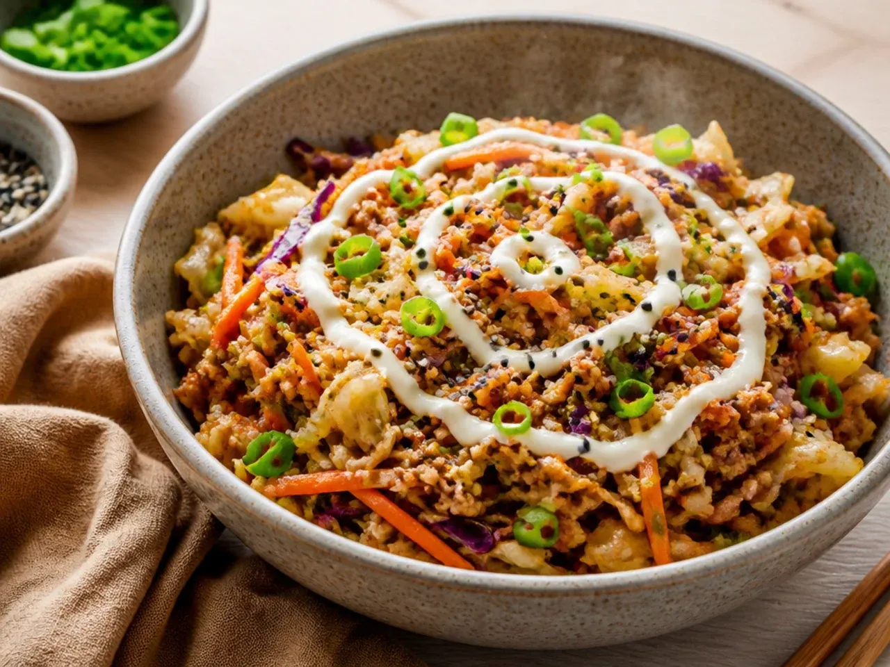 Loaded egg roll bowl with water chestnuts, mushrooms and bean sprouts