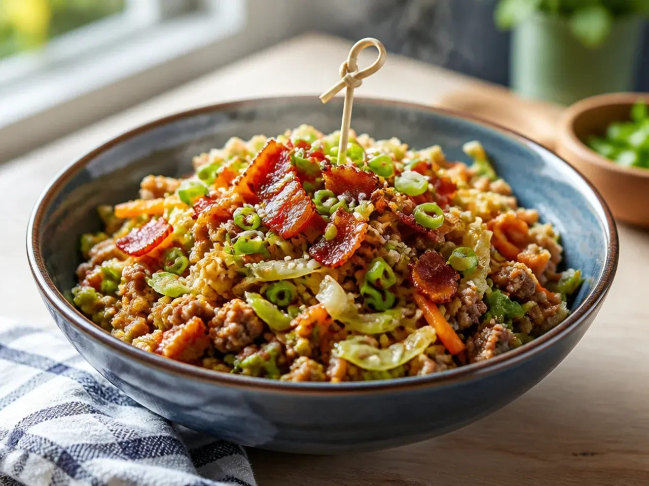 Egg roll in a bowl topped with crispy crumbled bacon