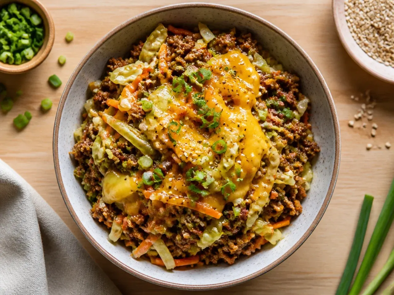 Budget-friendly ground beef egg roll bowl with cabbage and carrot
