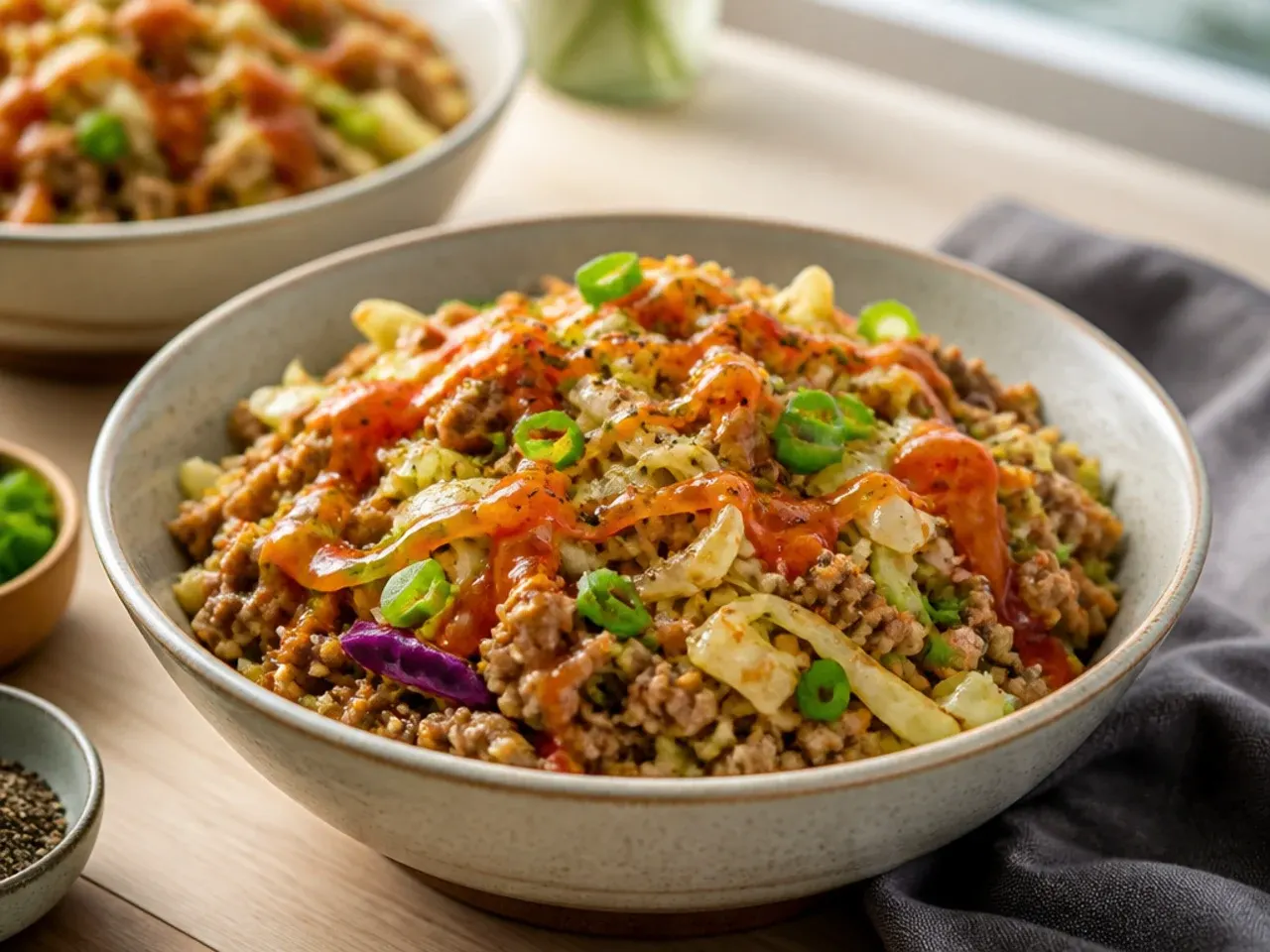 Egg roll in a bowl toppings bar with rice, peanuts and sriracha mayo
