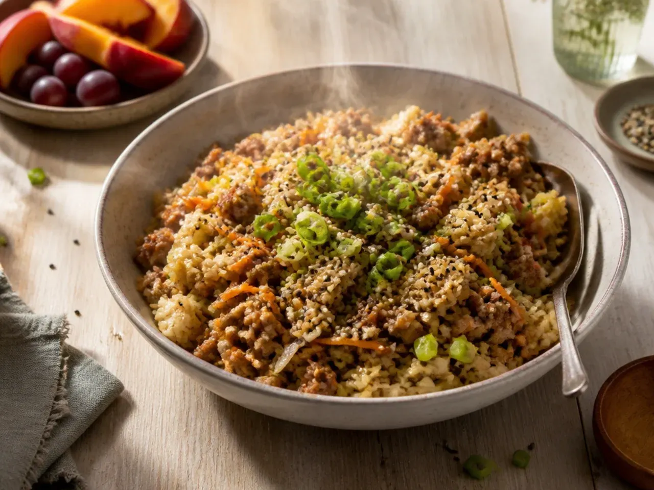 Family-style egg roll bowl served over steamed white rice