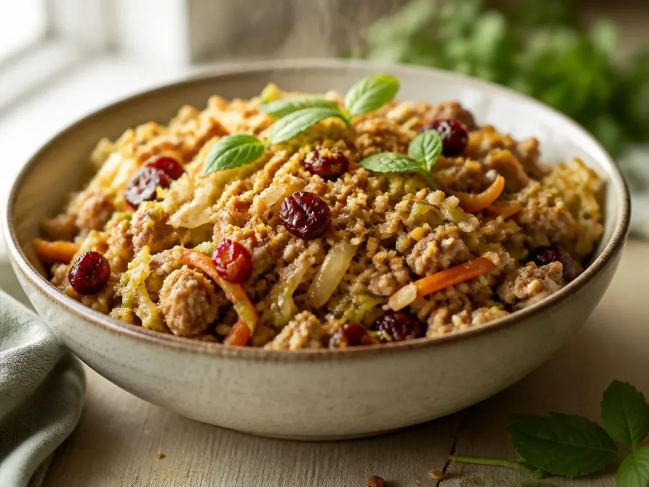 Festive egg roll bowl with shredded turkey and dried cranberries