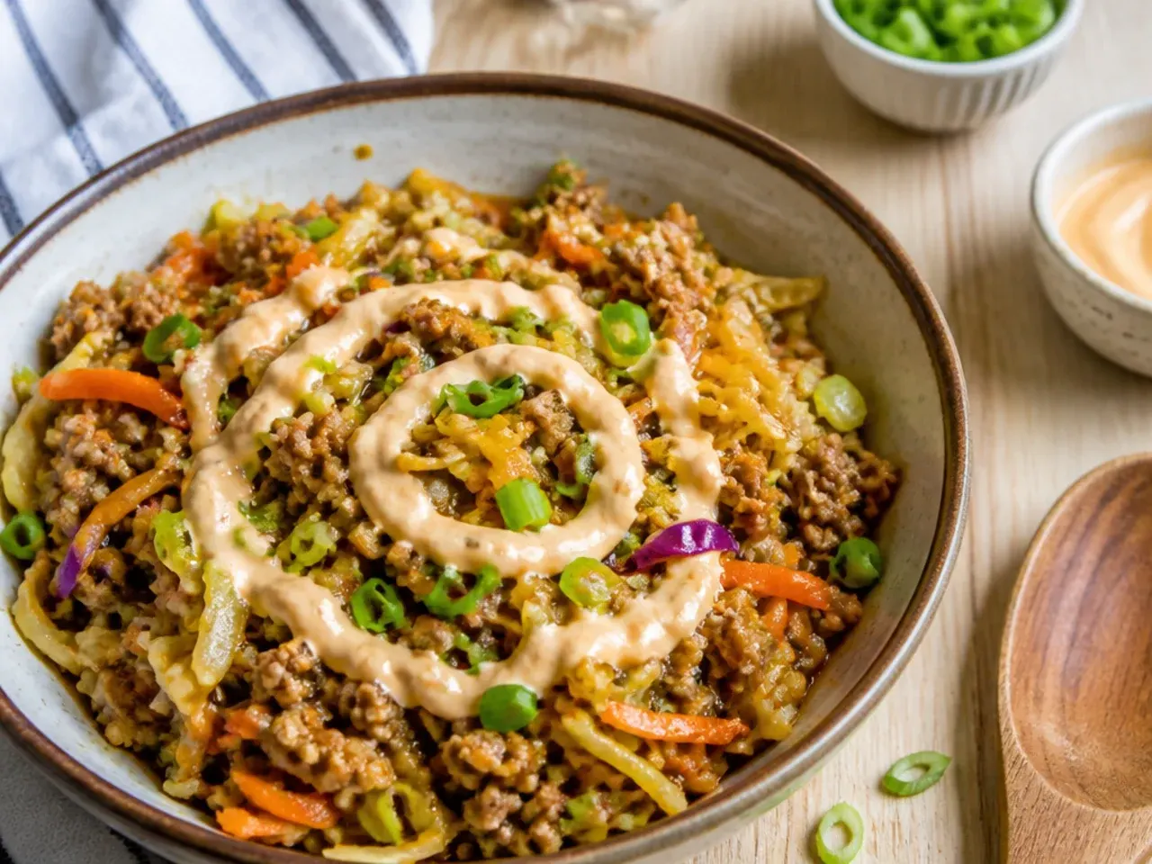 Egg roll in a bowl cooked in an electric pressure cooker on the sauté setting