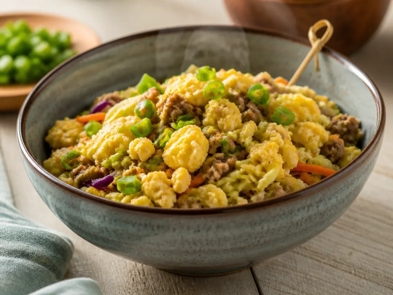 Egg roll bowl with scrambled egg folded through the pork and cabbage