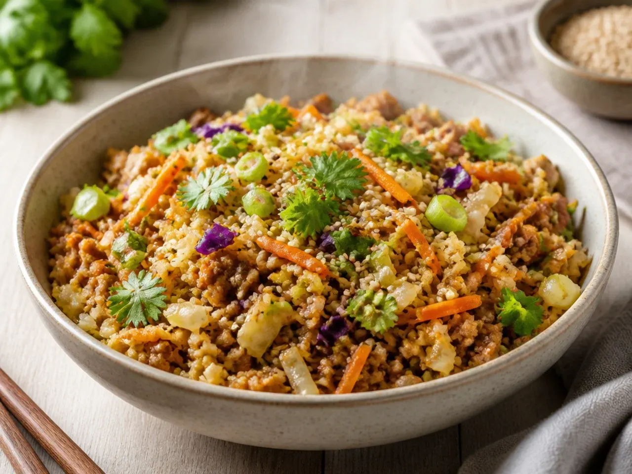 Keto egg roll bowl with cauliflower rice stirred through the pork and cabbage