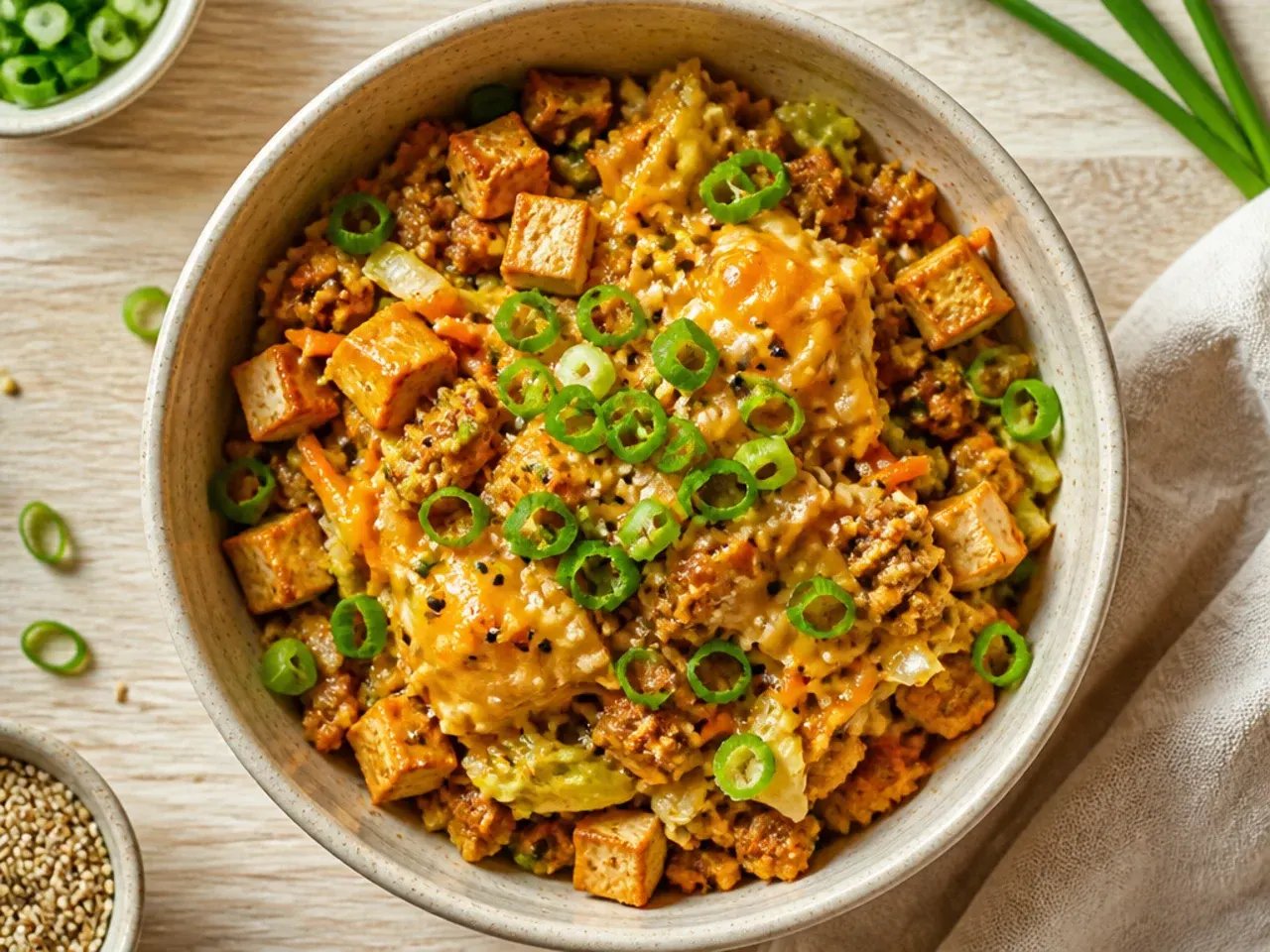 Crumbled tofu egg roll bowl with cabbage and carrots, vegetarian style