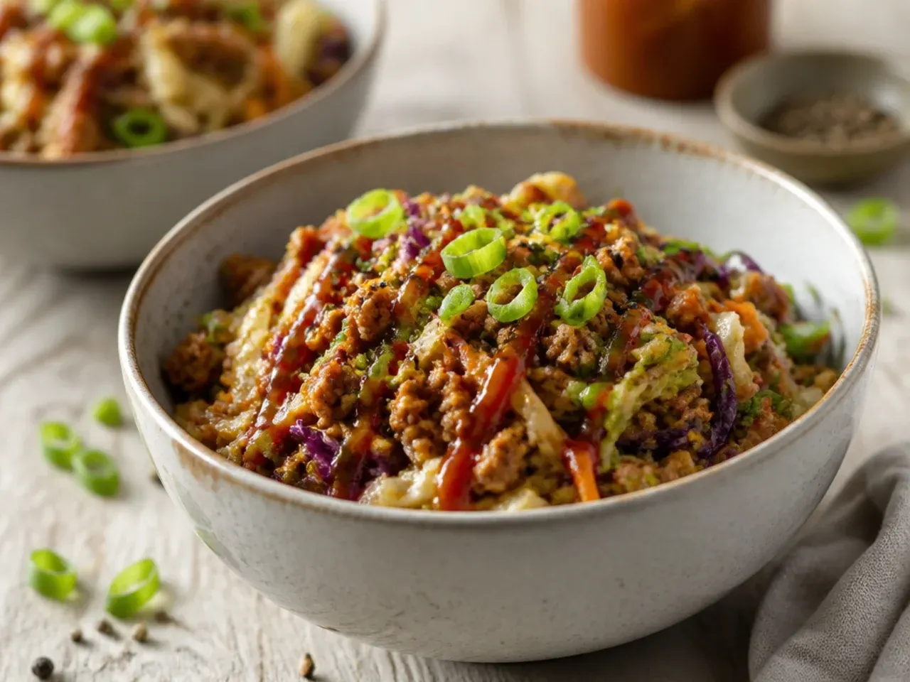 Spicy gochujang egg roll bowl with a deep red-brown sauce coating the pork