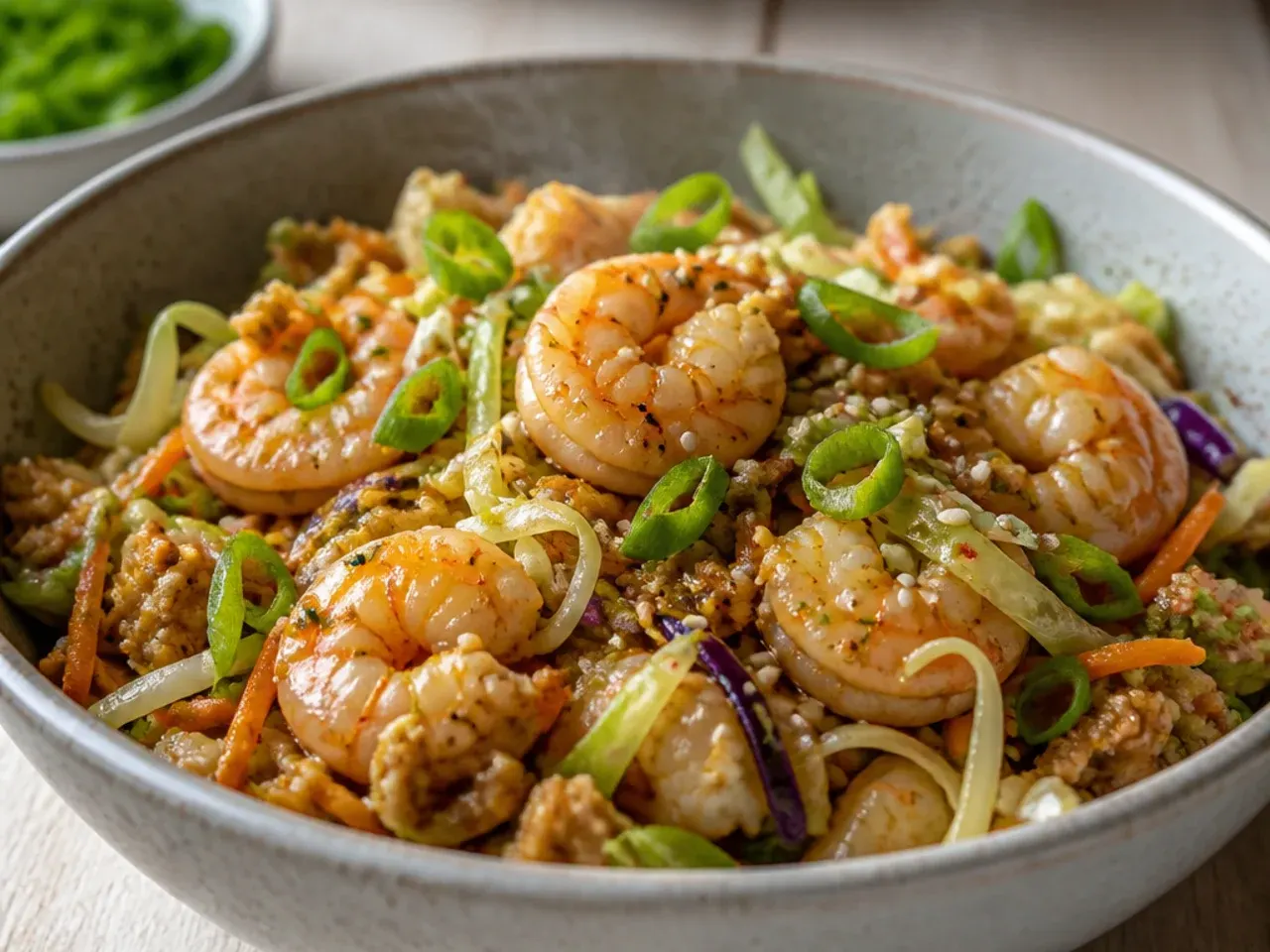 Garlic prawn egg roll bowl with cabbage and carrots in a skillet