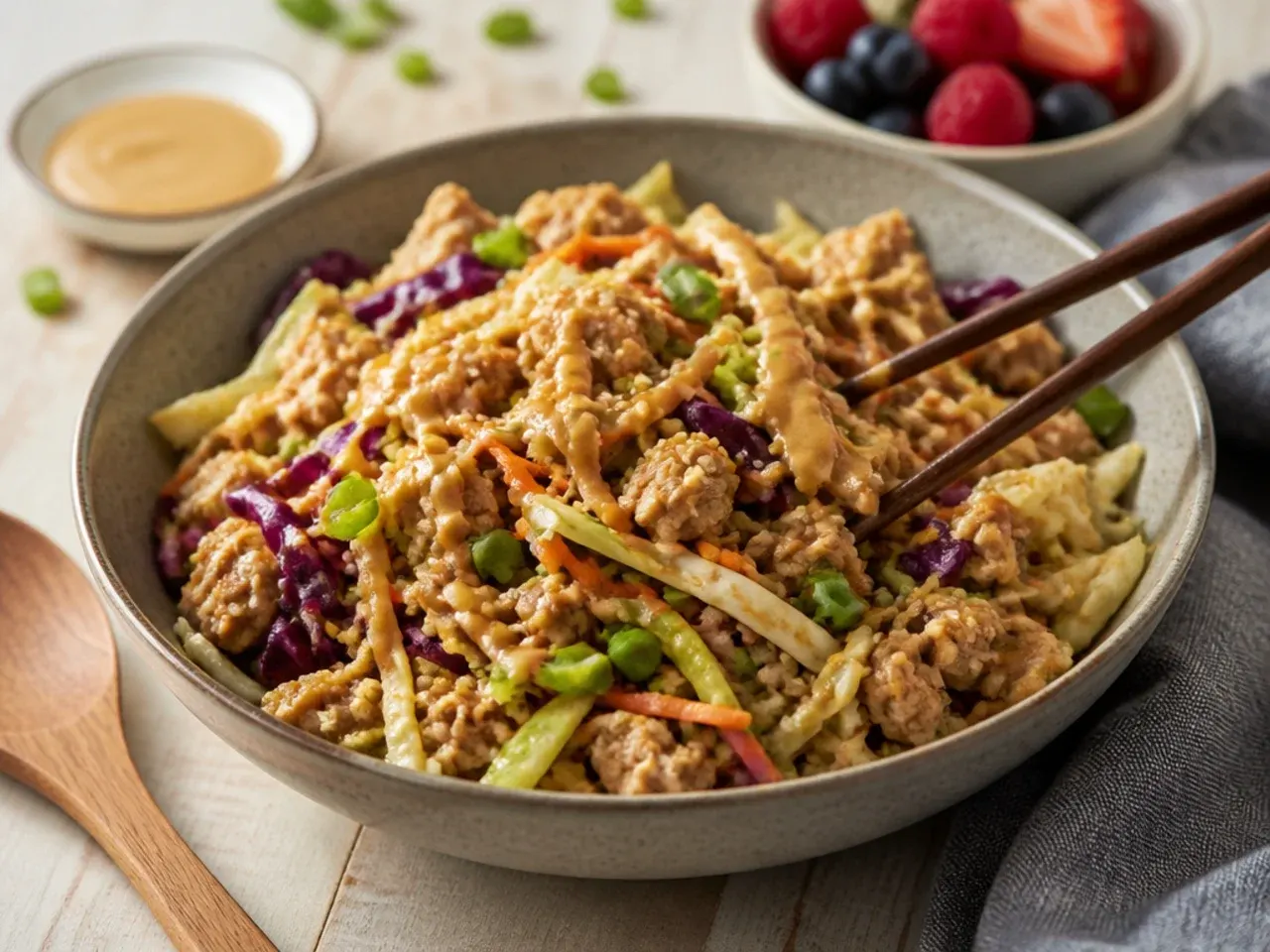 Egg roll in a bowl drizzled with creamy peanut sauce and chopped peanuts