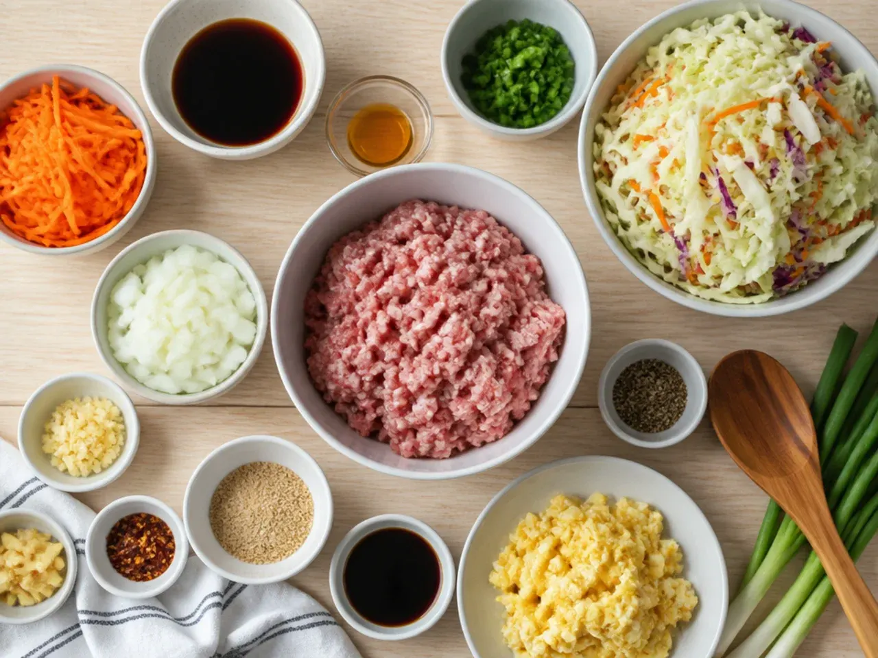 Close-up of hands seasoning an egg roll in a bowl with sesame oil