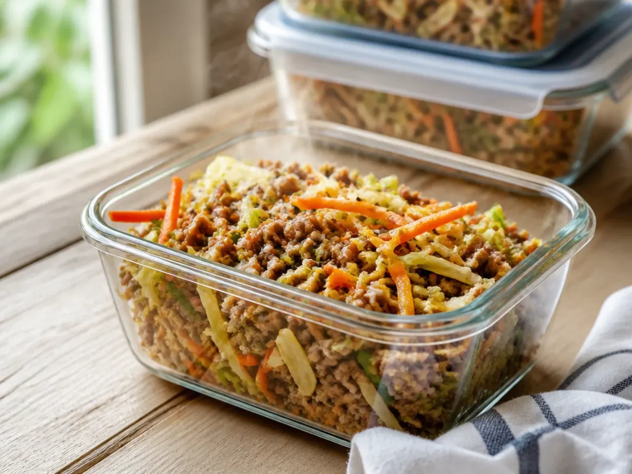 Egg roll in a bowl leftovers stored in an airtight glass container