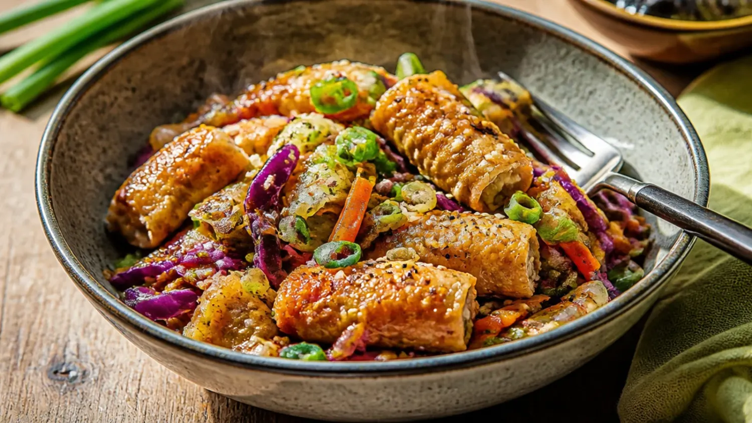 A skillet of egg roll in a bowl with browned pork mince, shredded cabbage and carrots, topped with spring onions and sesame seeds