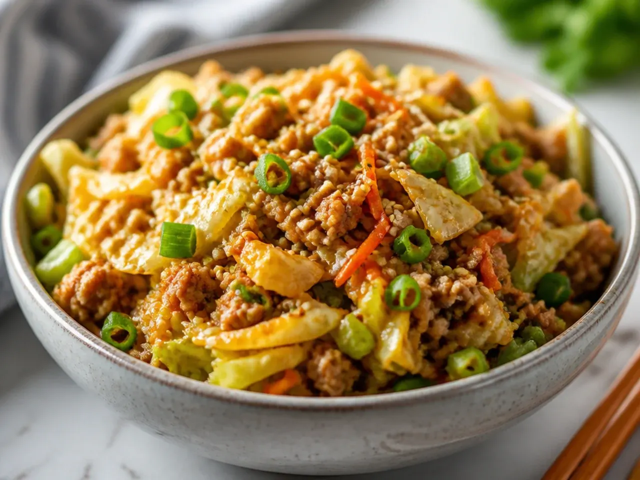 Overhead shot of egg roll in a bowl ingredients laid out including cabbage, carrots, pork mince and soy sauce