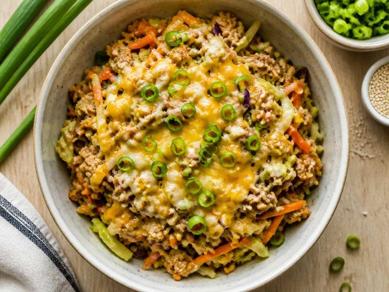 Classic pork egg roll in a bowl in a cast iron skillet with visible browned mince