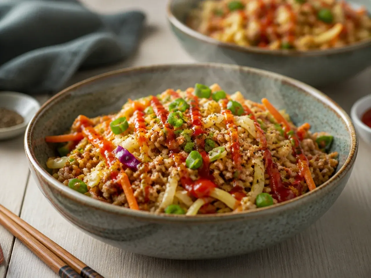 Ground turkey egg roll in a bowl with shredded cabbage in a nonstick pan