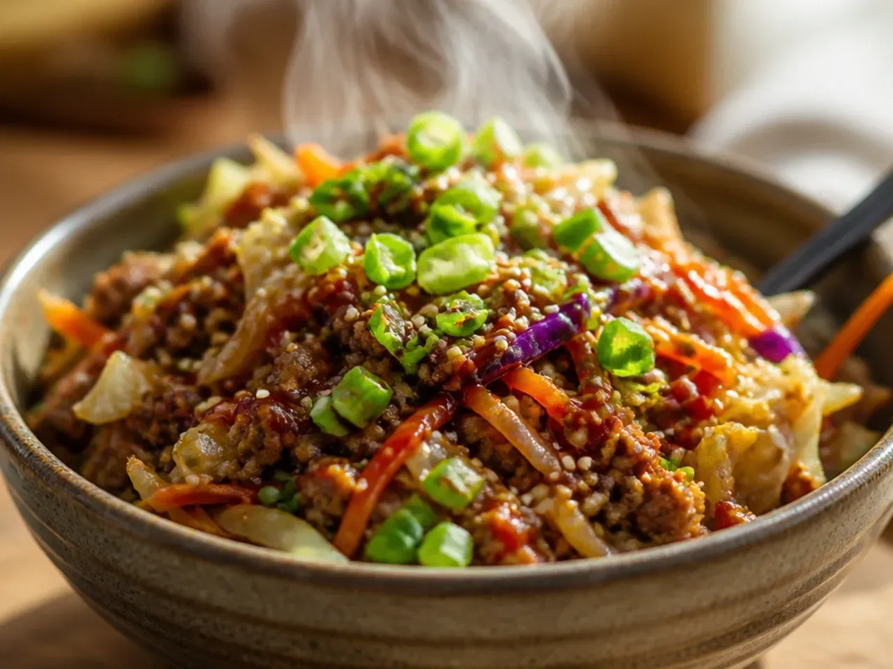 Beef egg roll in a bowl served over steamed white rice in a wooden bowl