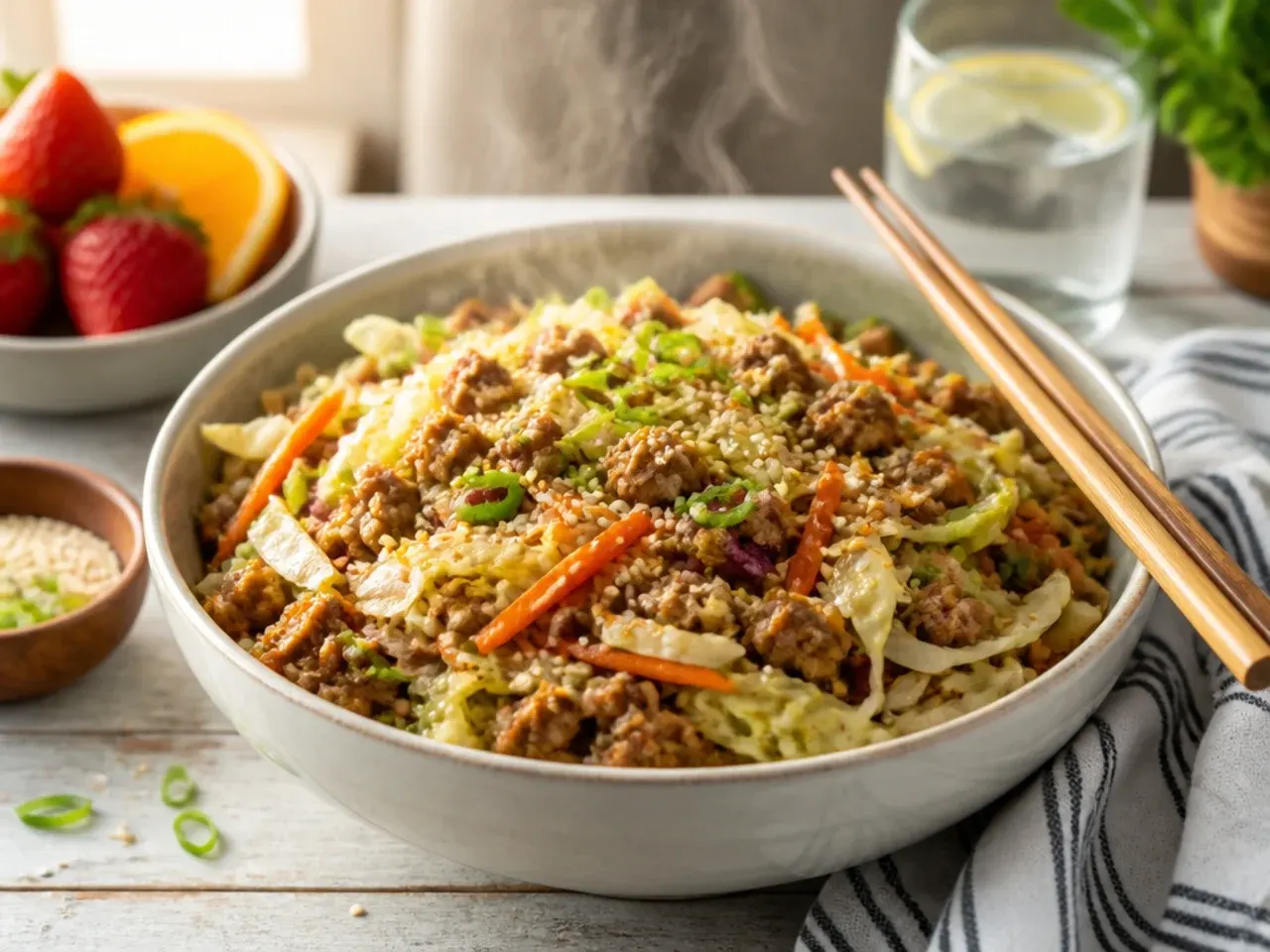 Diced chicken egg roll in a bowl with cabbage and carrots in a skillet