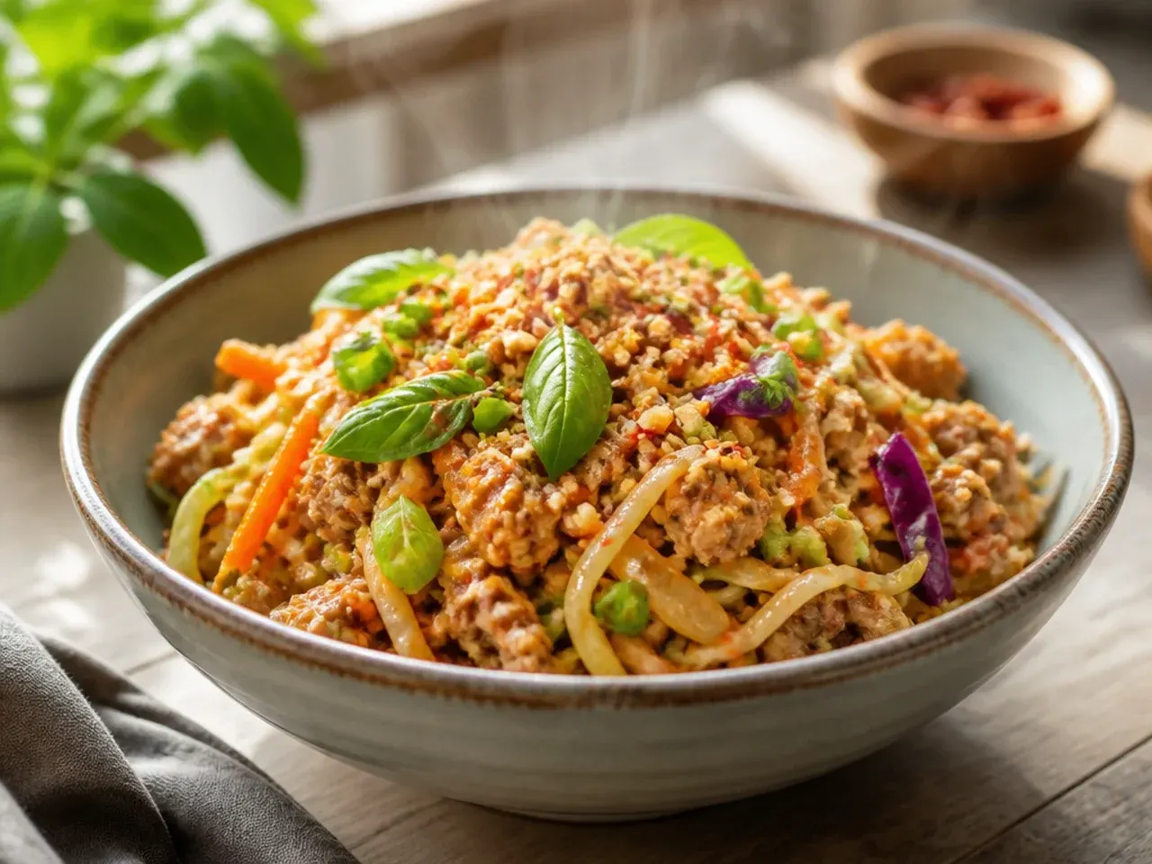 Egg roll in a bowl topped with a creamy sriracha mayo drizzle and sesame seeds