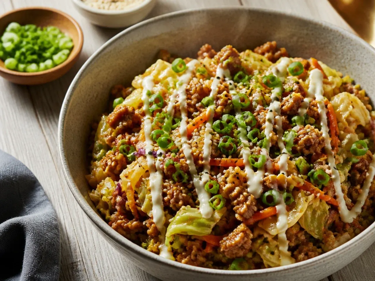 Loaded egg roll in a bowl with water chestnuts, mushrooms and cabbage