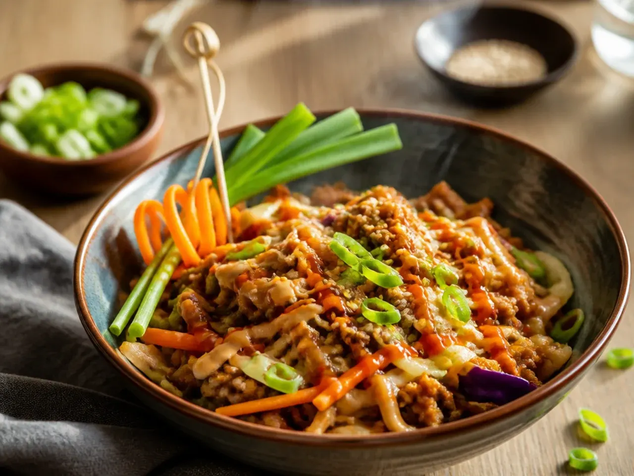 Close-up of egg roll in a bowl with toasted sesame seeds and a glossy sauce