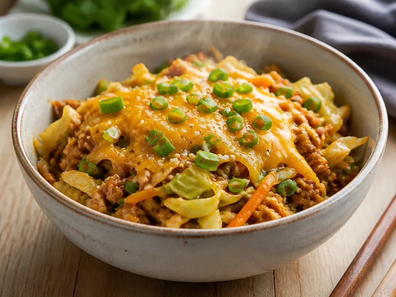 Cheesy egg roll in a bowl with melted mozzarella on top