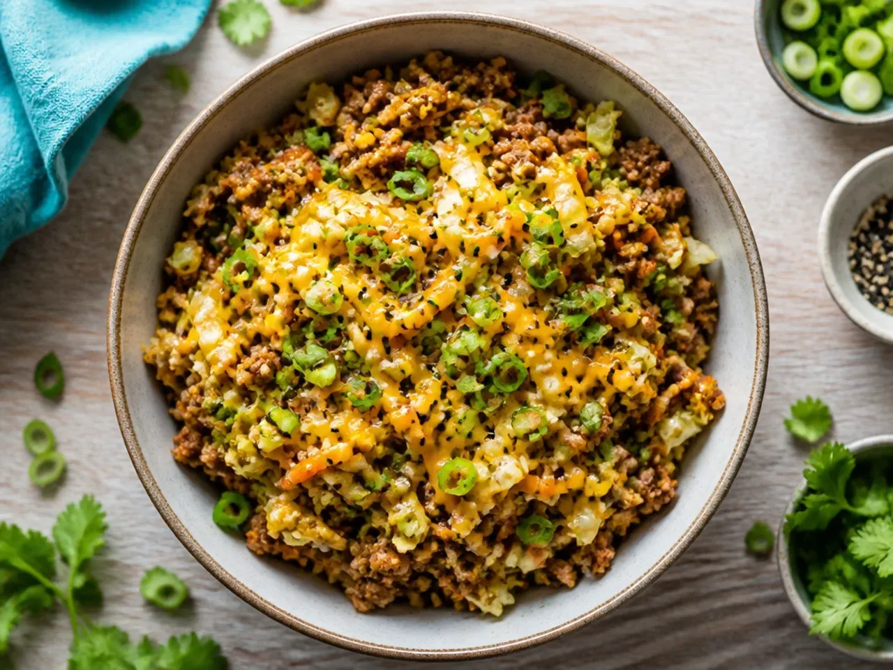 Budget egg roll in a bowl made with basic pantry ingredients in a simple pan