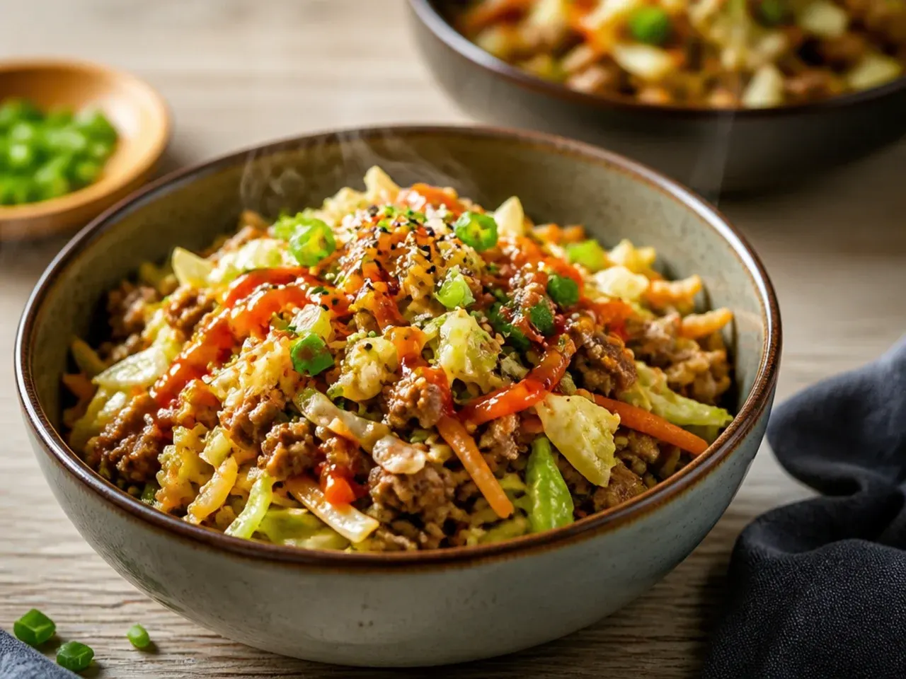 Egg roll in a bowl toppings bar with small dishes of peanuts, sriracha and spring onion