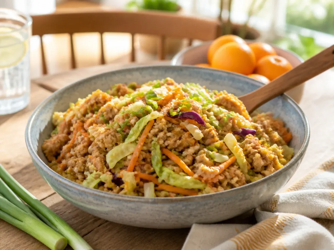 Family-friendly egg roll in a bowl served with plain white rice for kids