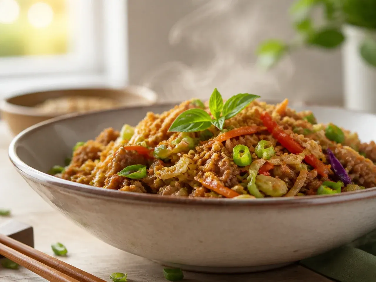 Festive egg roll in a bowl with colourful bell peppers on a buffet table
