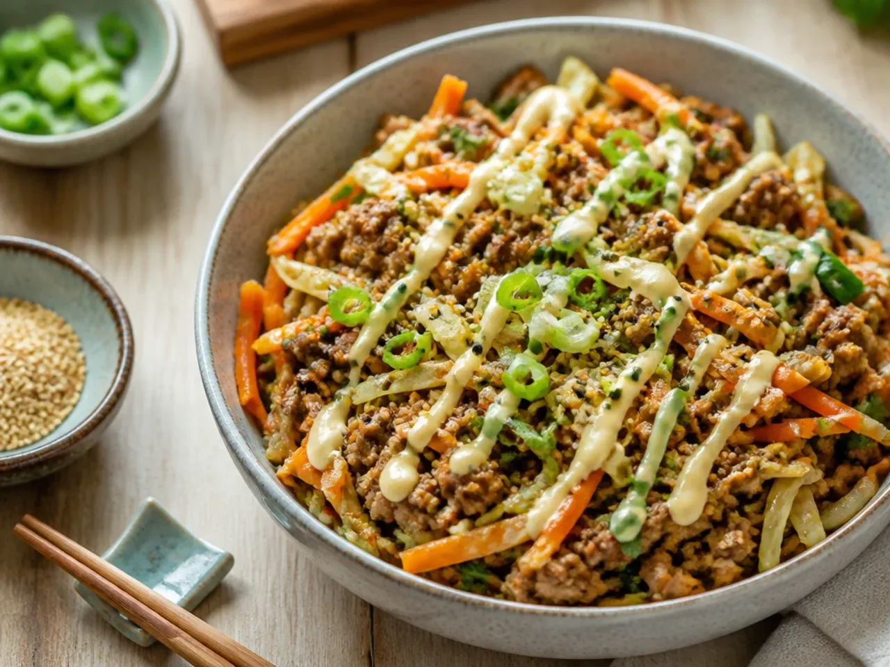 Quick weeknight egg roll in a bowl ready in fifteen minutes