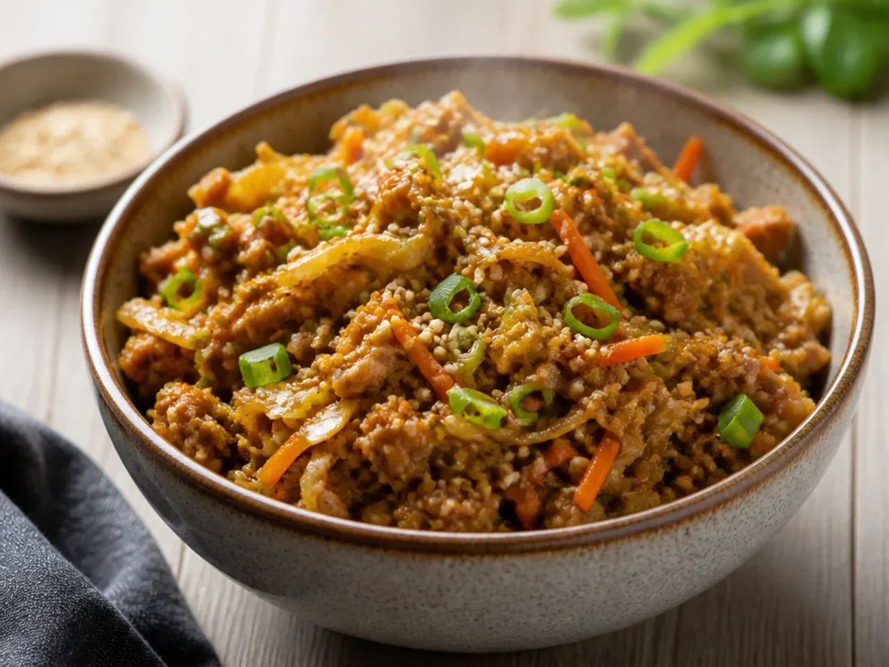 Spicy sriracha egg roll in a bowl garnished with fresh red chilli slices