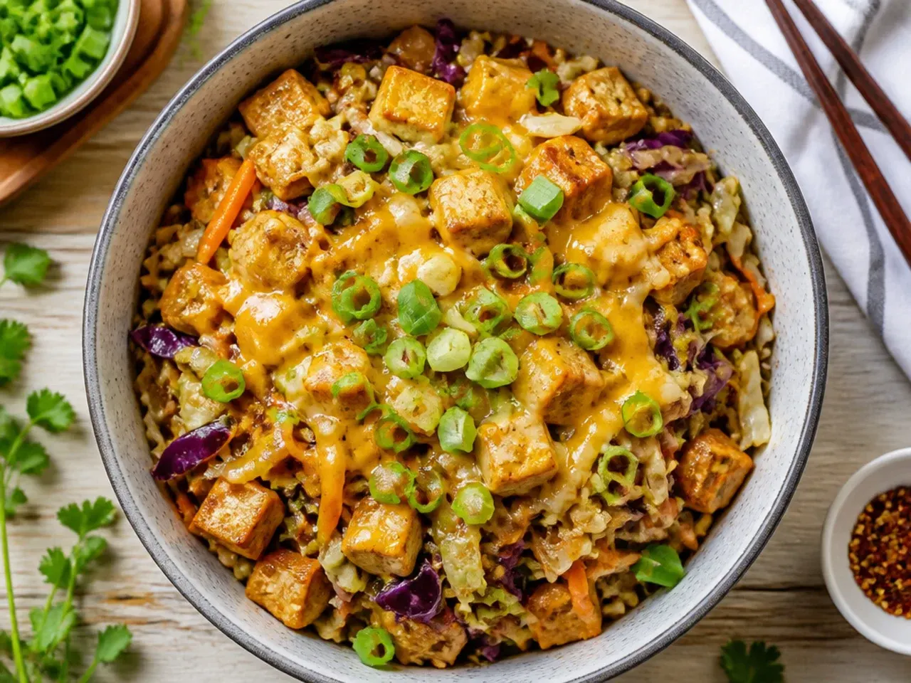 Crispy crumbled tofu egg roll in a bowl with cabbage and carrots