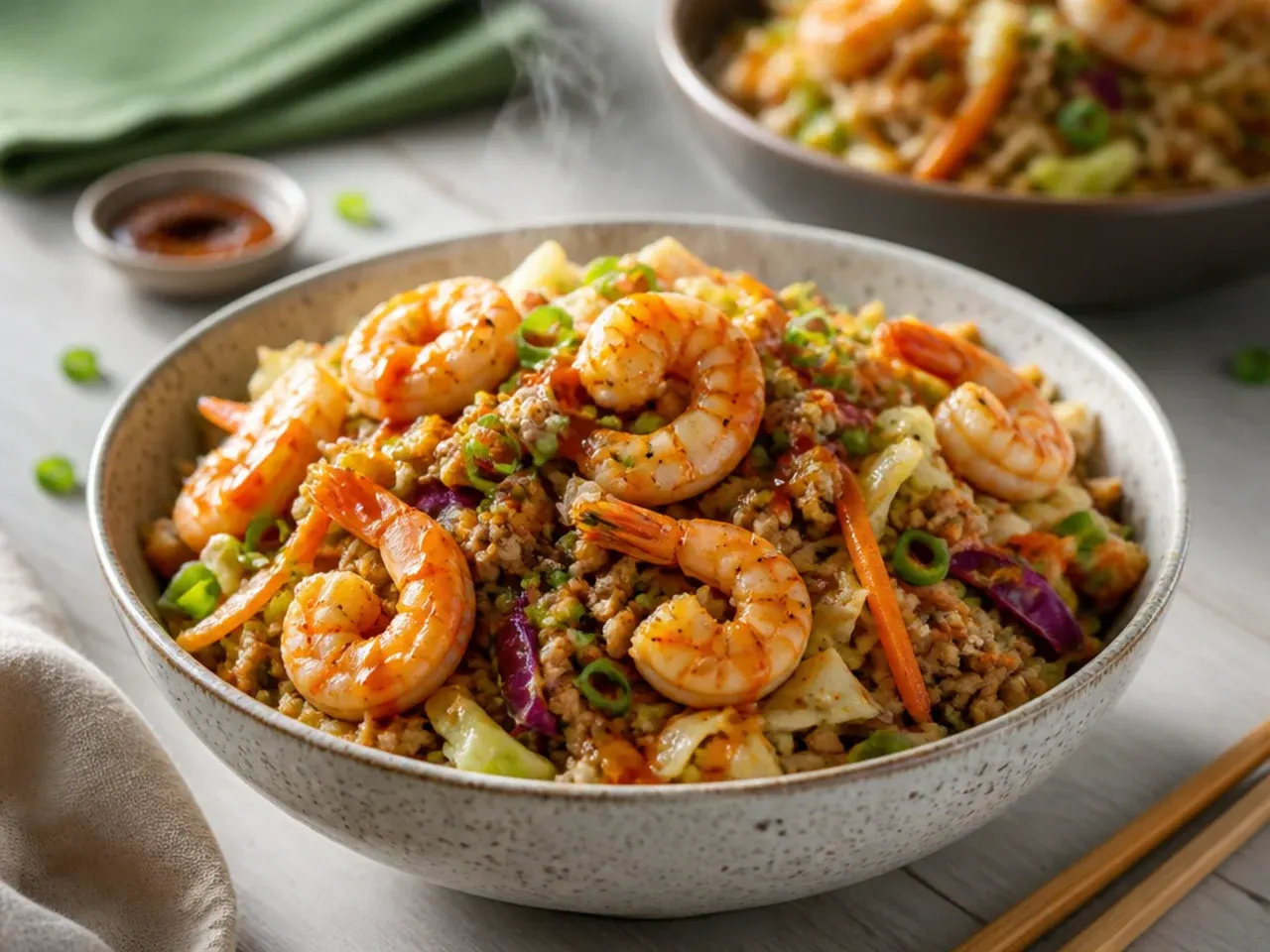Prawn egg roll in a bowl with pink shrimp on top of cabbage and carrots