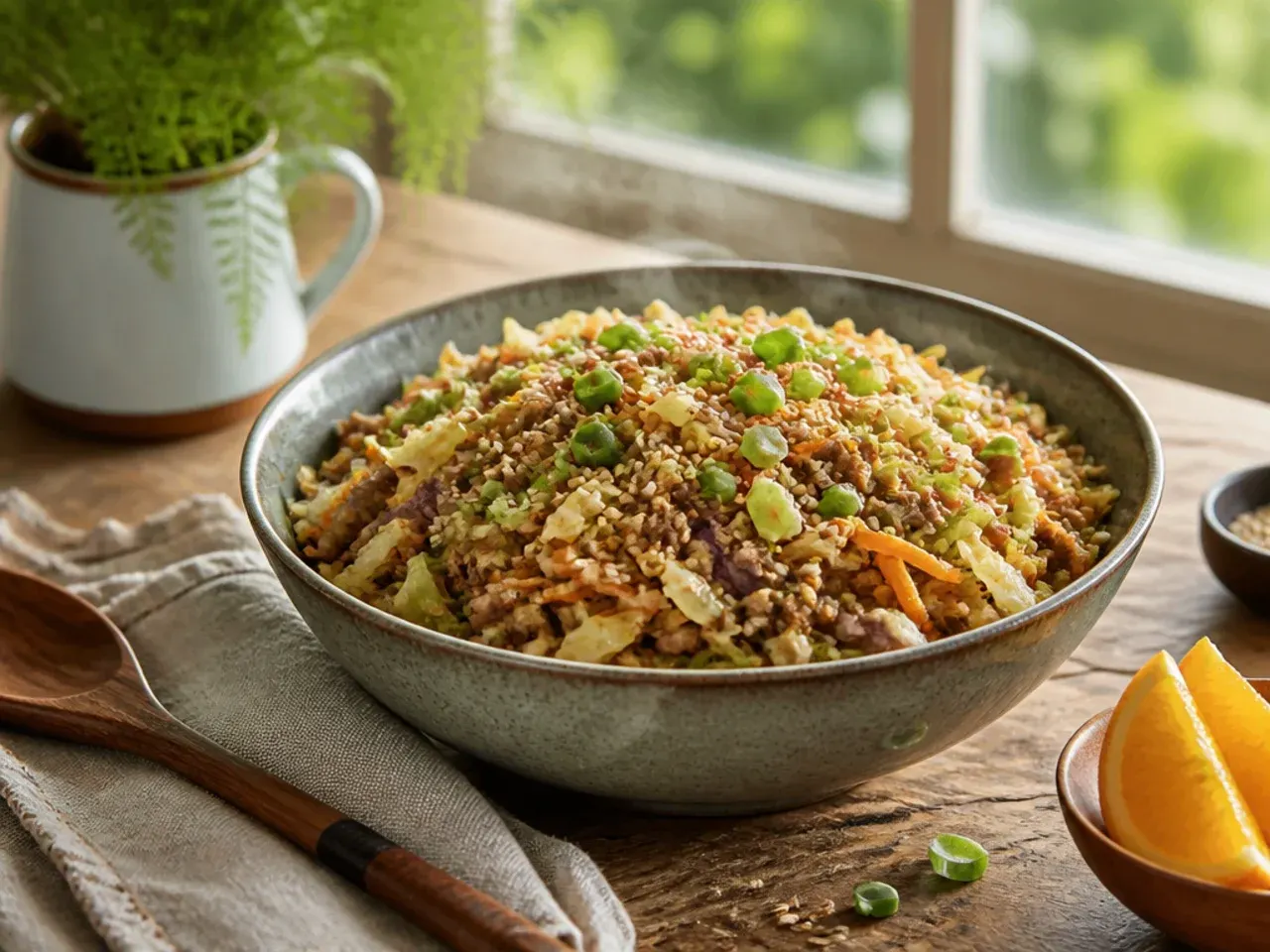 Instant Pot filled with egg roll in a bowl filling after pressure cooking