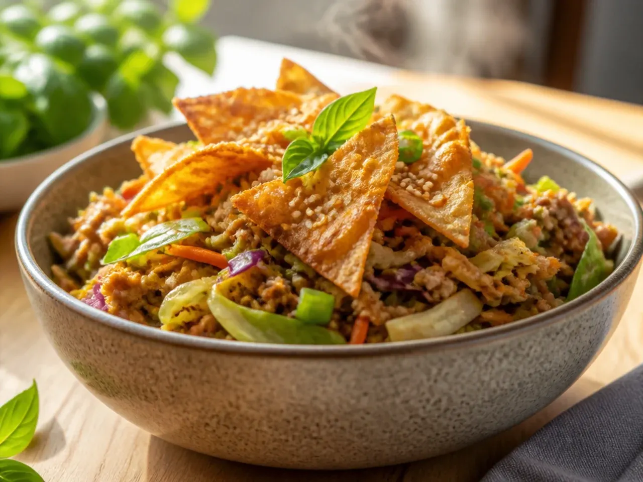 Egg roll in a bowl topped with crispy air-fried wonton strips