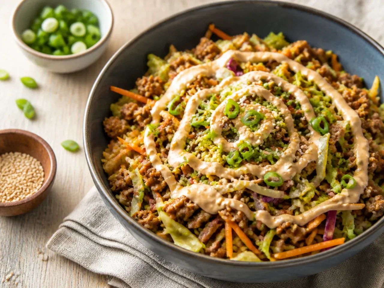 Broccoli slaw egg roll in a bowl with visible shredded broccoli stalk