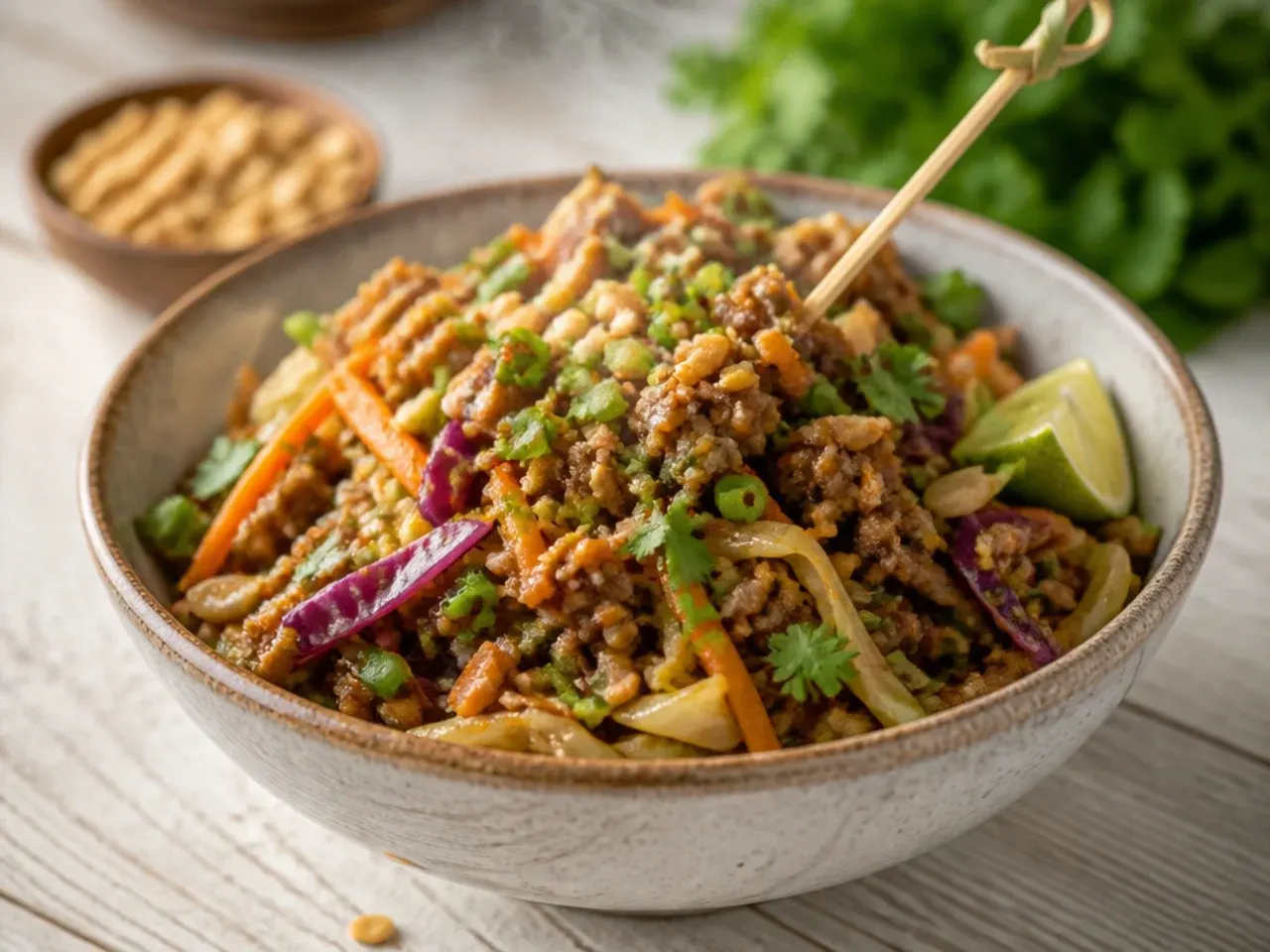 Peanut egg roll in a bowl topped with crushed roasted peanuts
