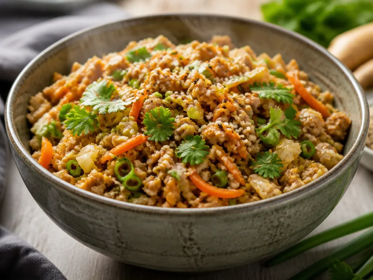 Egg roll in a bowl served over a bed of cauliflower rice