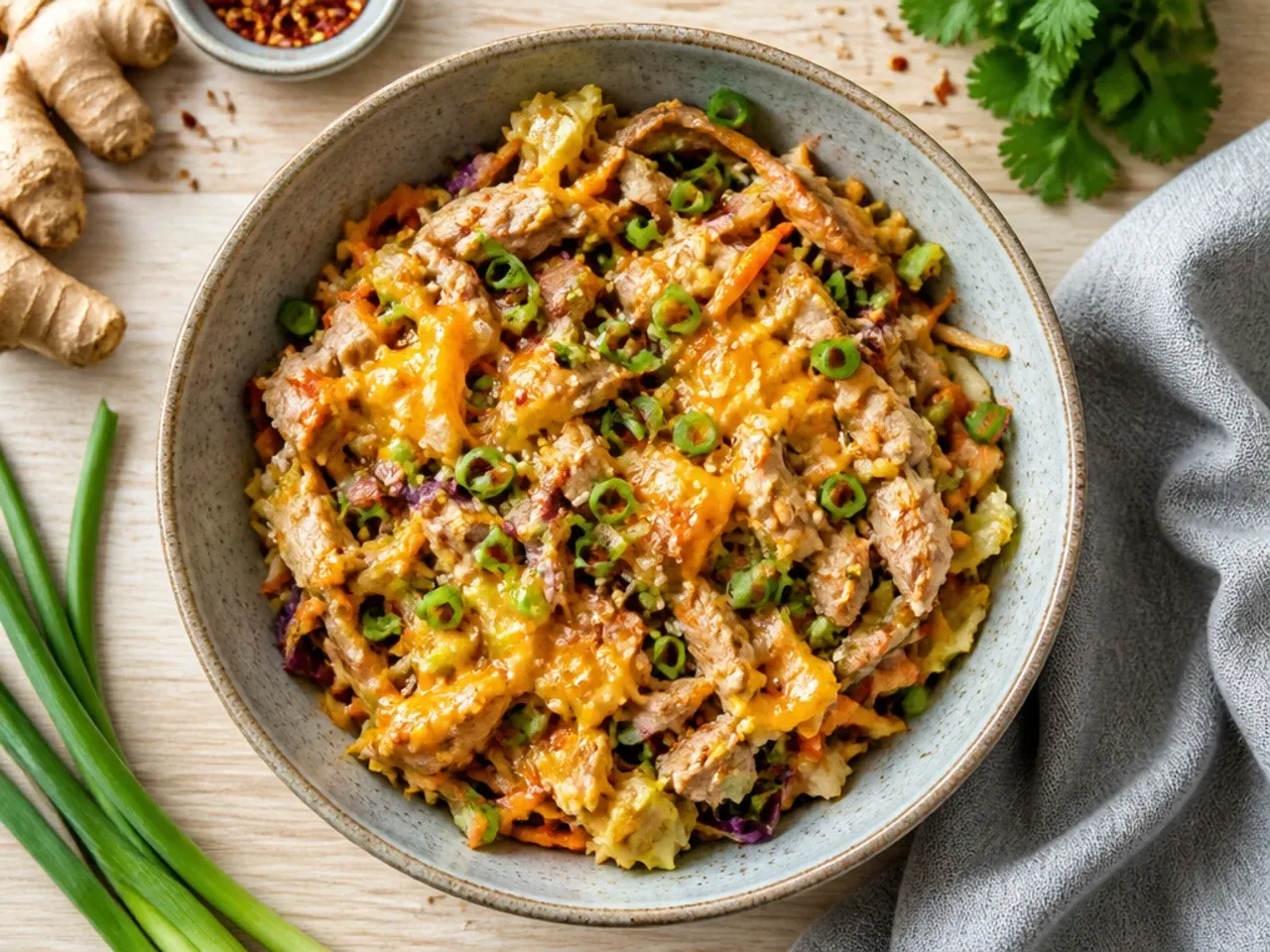 Shredded rotisserie chicken egg roll in a bowl with cabbage and carrots