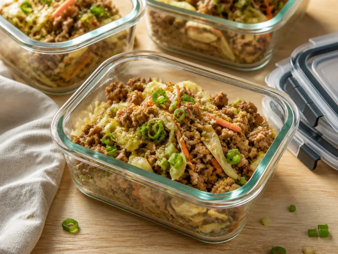Leftover egg roll in a bowl stored in a glass airtight container in the fridge