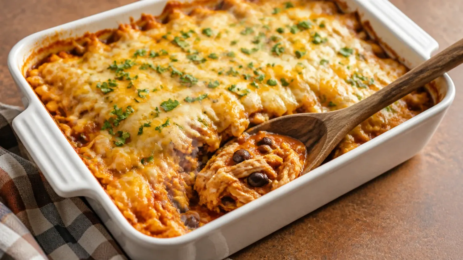 Overhead shot of a baked chicken enchilada casserole in a white dish, topped with melted cheese, fresh coriander and sliced jalapeños