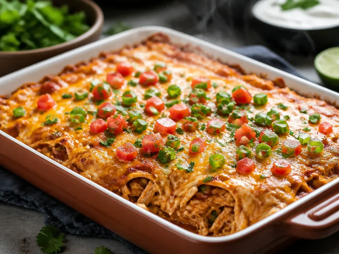 Close-up of a forkful of chicken enchilada casserole showing melted cheese and saucy tortilla layers
