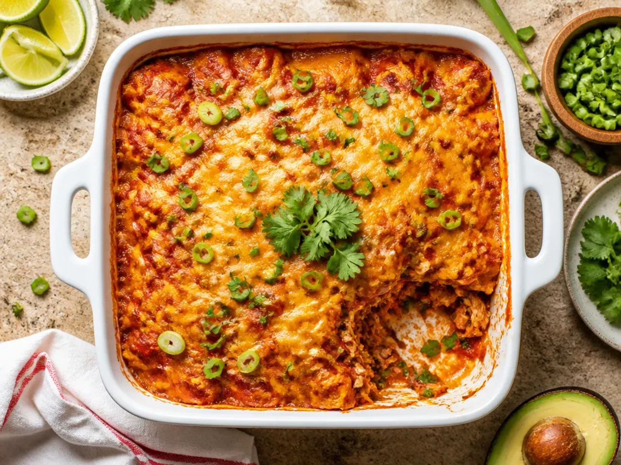 Layered chicken enchilada casserole with red sauce and shredded cheese in a baking dish