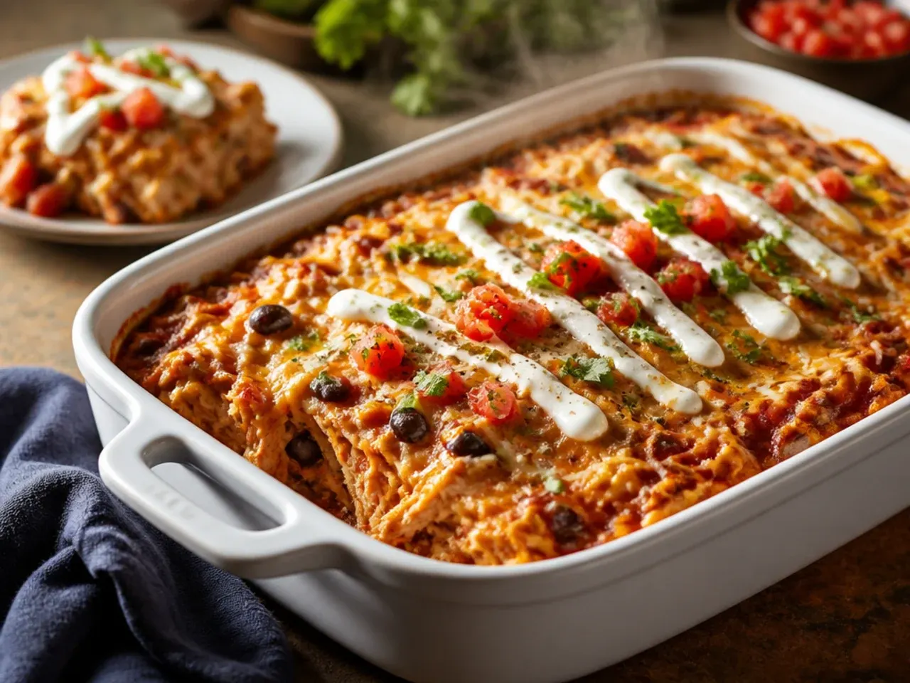 Quick chicken enchilada casserole assembled with rotisserie chicken and jarred sauce