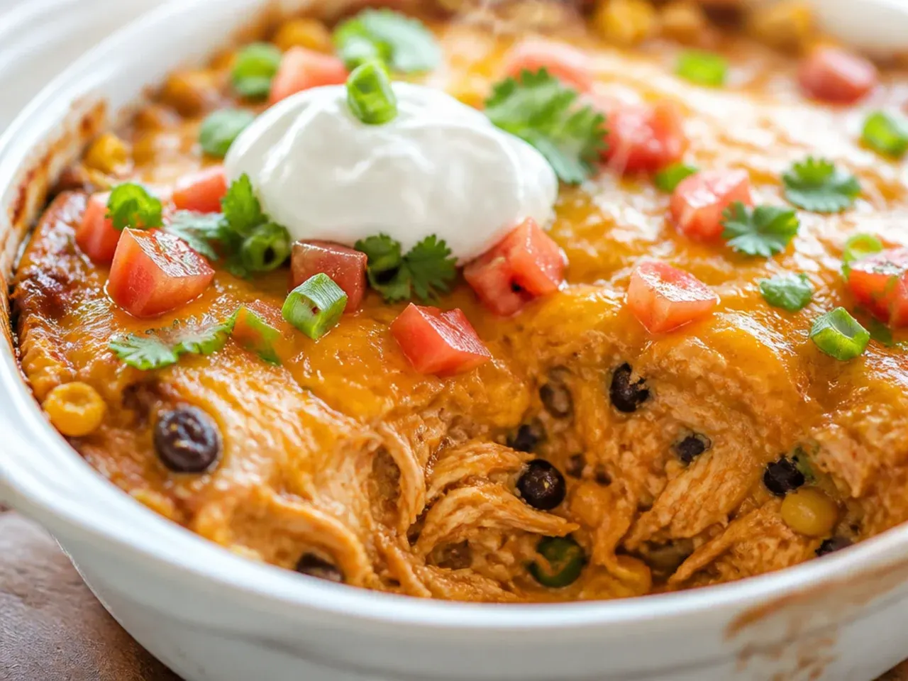 Creamy sour cream chicken enchilada casserole topped with a dollop of sour cream