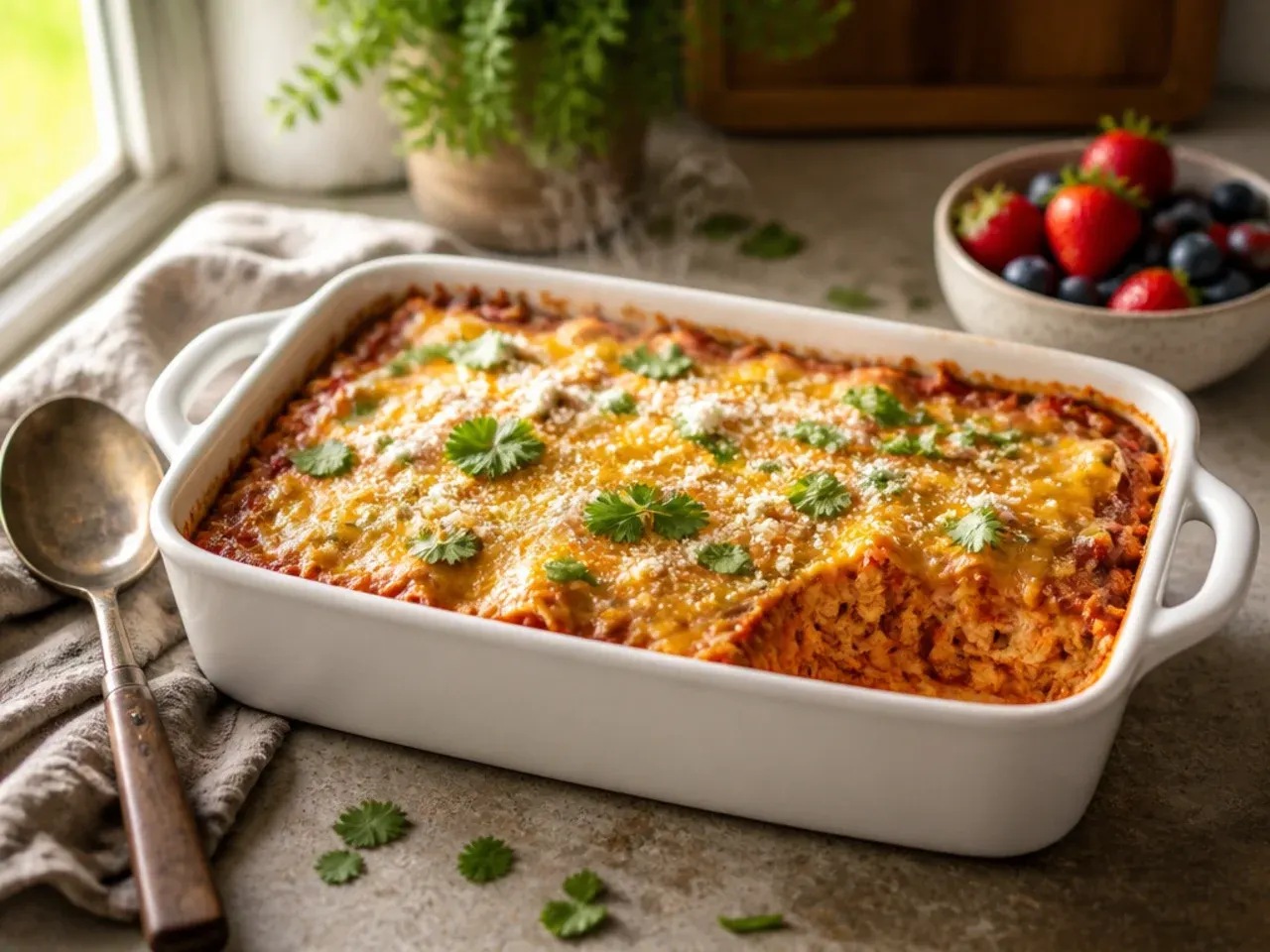 Simple three-ingredient chicken enchilada casserole with tortillas, chicken and cheese