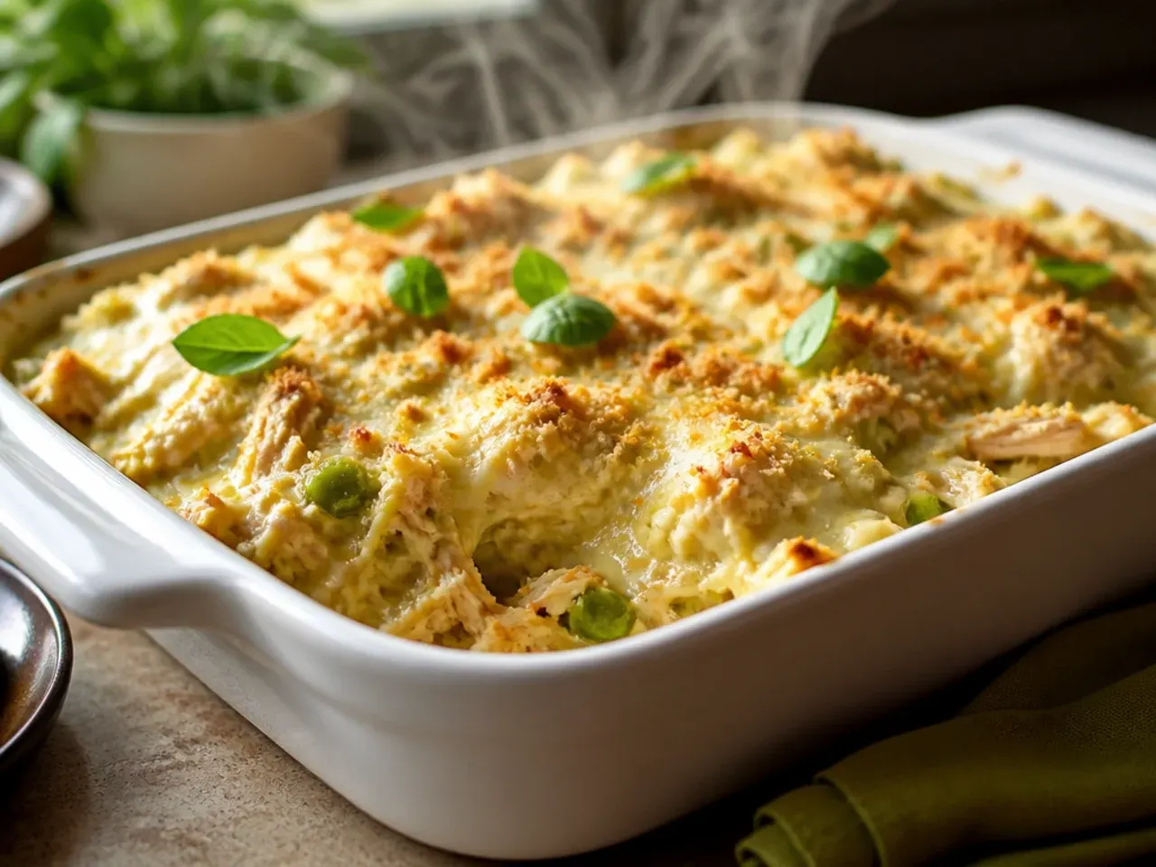 Creamy green chilli chicken enchilada casserole with verde sauce and melted Monterey Jack