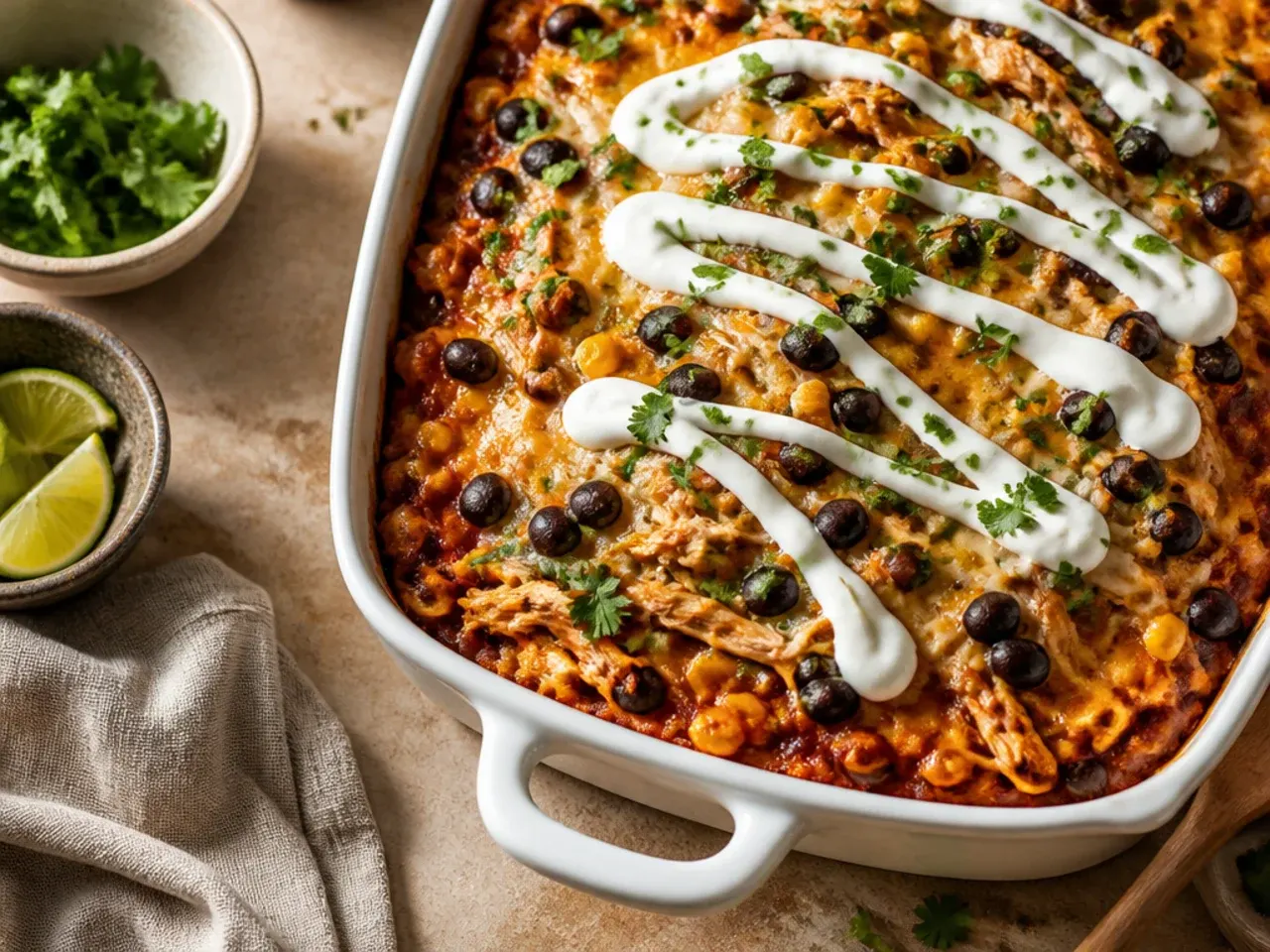 Loaded chicken enchilada casserole with visible black beans and sweetcorn in the layers